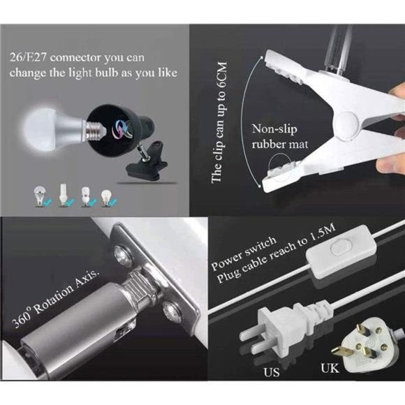 Desk lamp,360° Rotation Clip on Lamp Portable Book Reading Light,Clamp on Desk - Picture 5 of 7